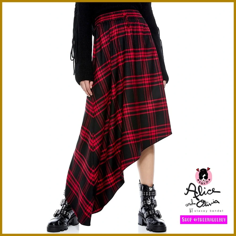 Alice + Olivia Natalina Plaid High-Low Asymmetrical Red Black Midi Skirt
